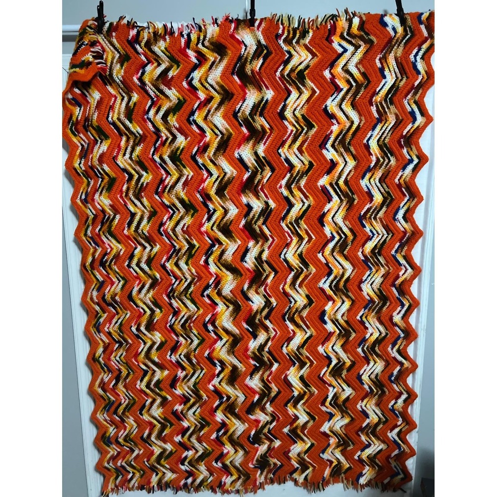Vintage Handmade Crochet Afghan Blanket Orange Brown Chevron Zigzag Ripple Throw